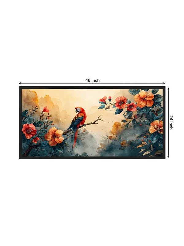 Tropical_Parrot_Canvas_Wall_Art,_Orange_Hibiscus_Floral_Print,_Black_Frame,_Modern_Living_Room_Decor