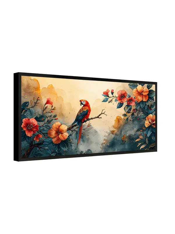 Tropical_Parrot_Canvas_Wall_Art,_Orange_Hibiscus_Floral_Print,_Black_Frame,_Modern_Living_Room_Decor