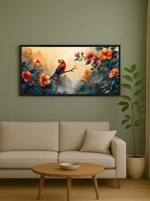 Tropical_Parrot_Canvas_Wall_Art,_Orange_Hibiscus_Floral_Print,_Black_Frame,_Modern_Living_Room_Decor