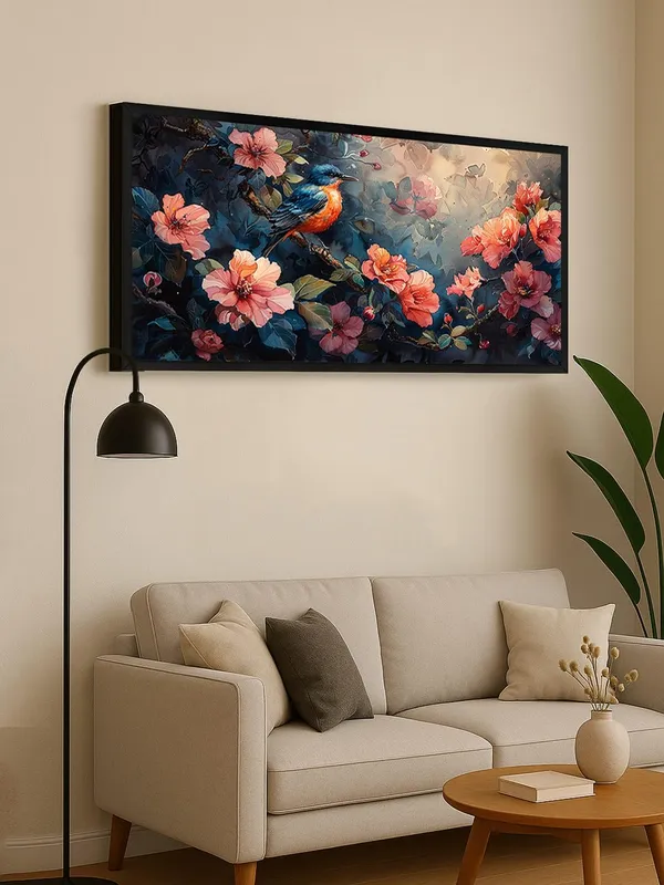 Bird_and_Floral_Wall_Art_Canvas_Print,_Pink_Hibiscus_with_Blue_Background,_Modern_Living_Room_Decor,_Black_Frame