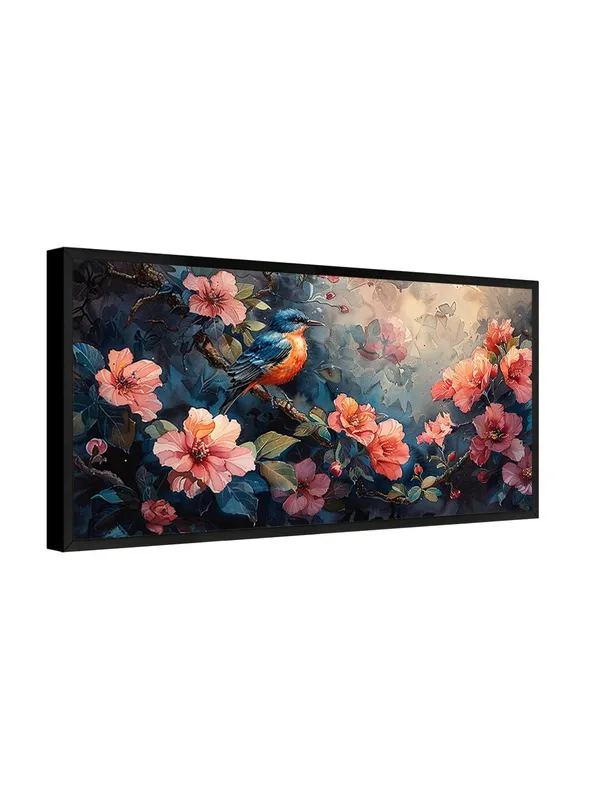 Bird_and_Floral_Wall_Art_Canvas_Print,_Pink_Hibiscus_with_Blue_Background,_Modern_Living_Room_Decor,_Black_Frame