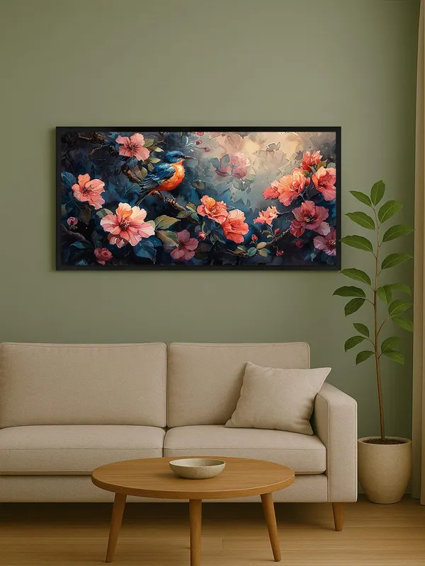 Bird_and_Floral_Wall_Art_Canvas_Print,_Pink_Hibiscus_with_Blue_Background,_Modern_Living_Room_Decor,_Black_Frame