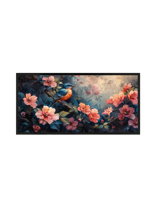 Bird_and_Floral_Wall_Art_Canvas_Print,_Pink_Hibiscus_with_Blue_Background,_Modern_Living_Room_Decor,_Black_Frame