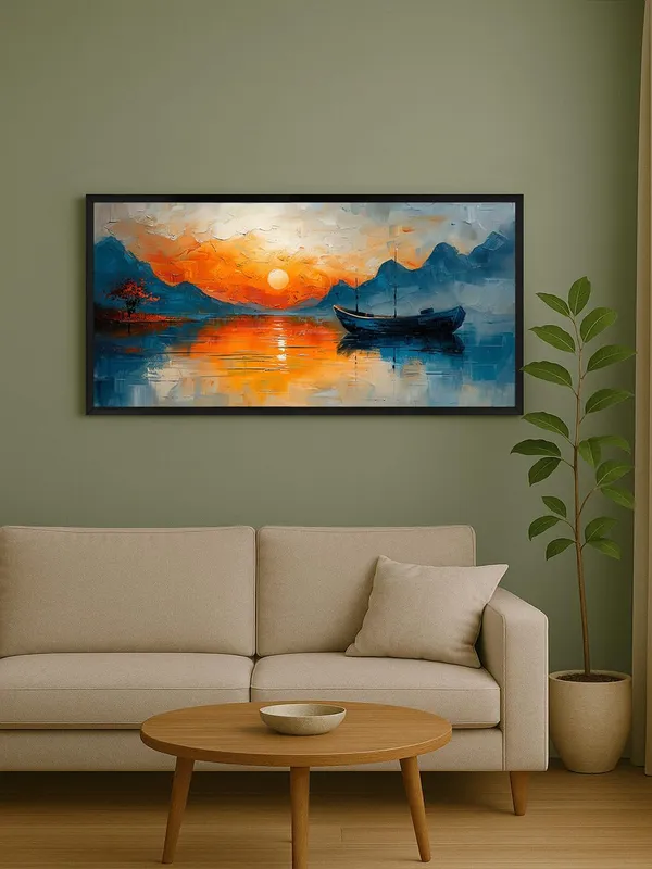 Sunset_Seascape_Canvas_Wall_Art,_Large_Modern_Oil_Painting,_Blue_and_Orange_Mountain_Lake_Scene_with_Boat,_Black_Frame