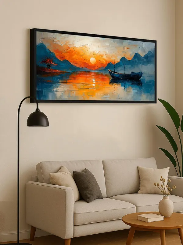 Sunset_Seascape_Canvas_Wall_Art,_Large_Modern_Oil_Painting,_Blue_and_Orange_Mountain_Lake_Scene_with_Boat,_Black_Frame