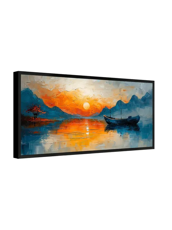 Sunset_Seascape_Canvas_Wall_Art,_Large_Modern_Oil_Painting,_Blue_and_Orange_Mountain_Lake_Scene_with_Boat,_Black_Frame