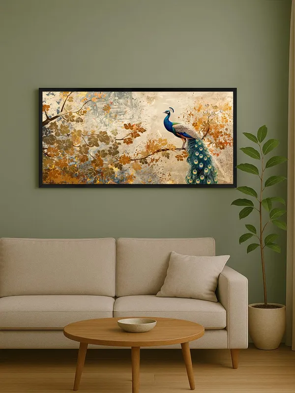 Elegant_Peacock_Wall_Art_Canvas_Print,_Golden_Autumn_Floral_Design,_Large_Living_Room_Decor_with_Black_Frame