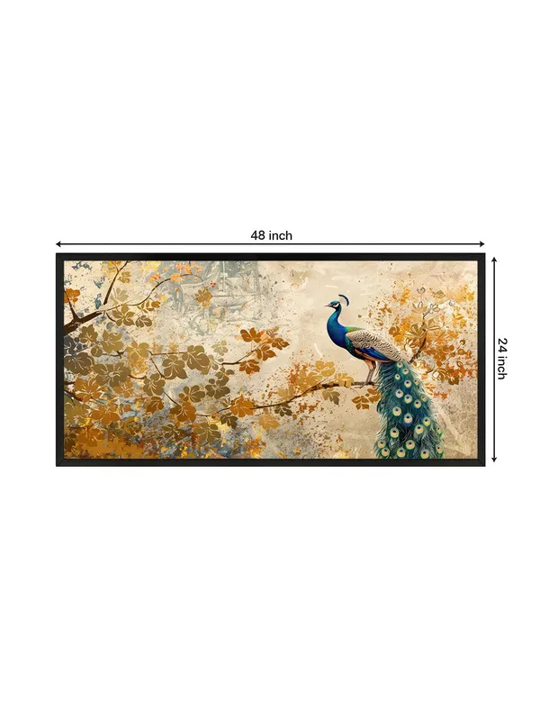 Elegant_Peacock_Wall_Art_Canvas_Print,_Golden_Autumn_Floral_Design,_Large_Living_Room_Decor_with_Black_Frame