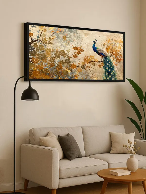 Elegant_Peacock_Wall_Art_Canvas_Print,_Golden_Autumn_Floral_Design,_Large_Living_Room_Decor_with_Black_Frame