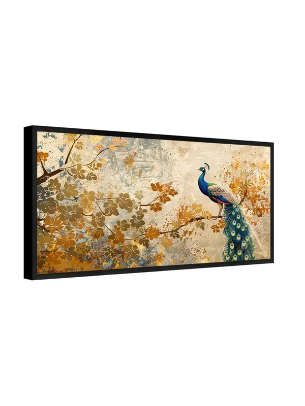 Elegant_Peacock_Wall_Art_Canvas_Print,_Golden_Autumn_Floral_Design,_Large_Living_Room_Decor_with_Black_Frame