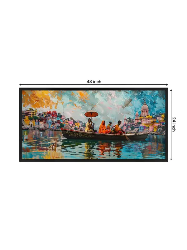 Varanasi_Ghats_Wall_Art,_Framed_Canvas_Print,_Colorful_Cityscape_Painting,_Living_Room_Decor
