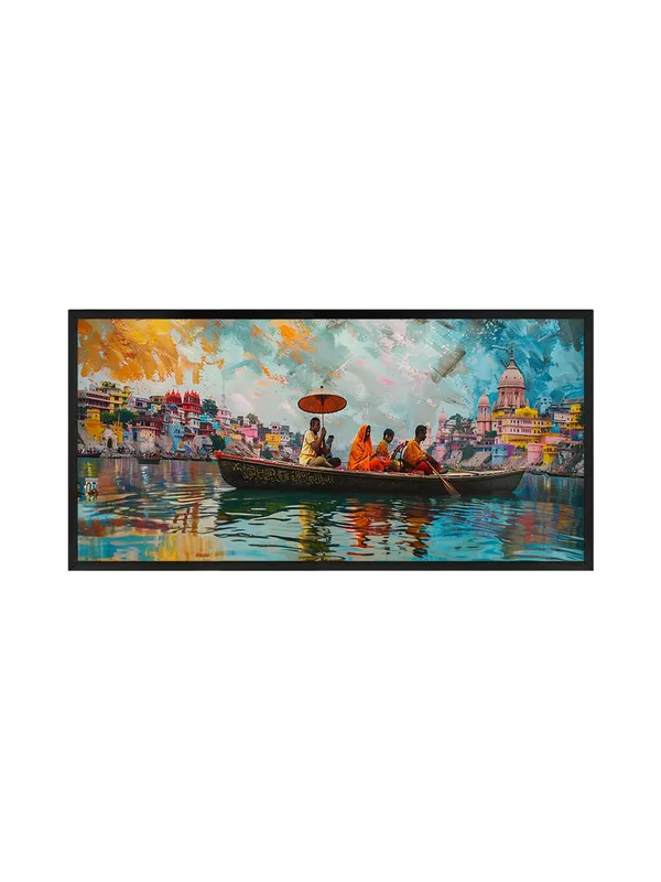 Varanasi_Ghats_Wall_Art,_Framed_Canvas_Print,_Colorful_Cityscape_Painting,_Living_Room_Decor