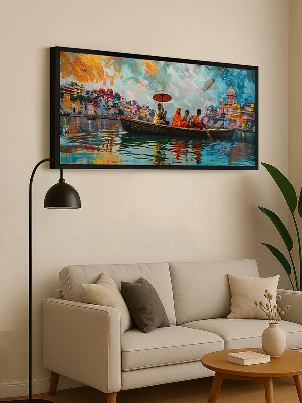 Varanasi_Ghats_Wall_Art,_Framed_Canvas_Print,_Colorful_Cityscape_Painting,_Living_Room_Decor