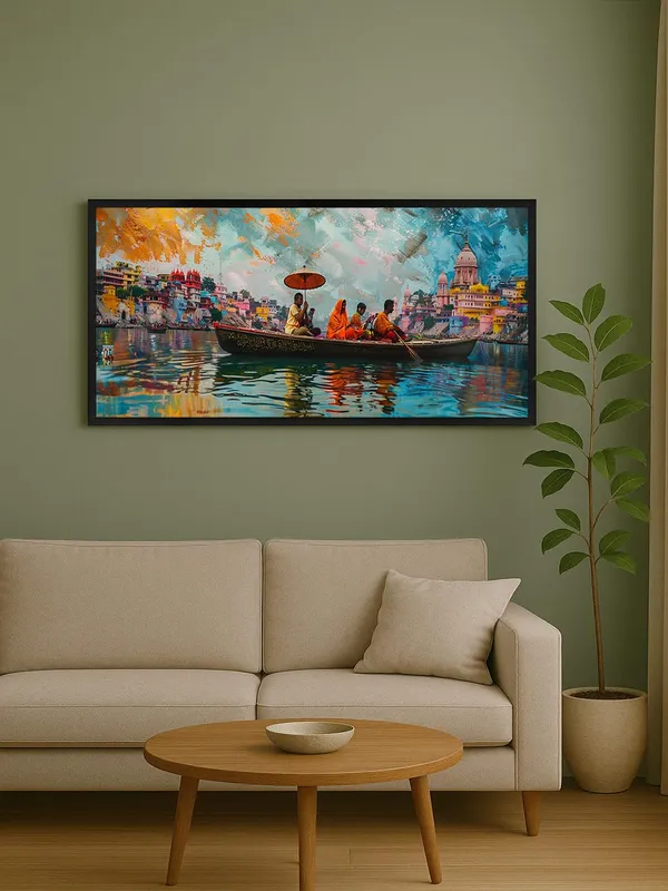 Varanasi_Ghats_Wall_Art,_Framed_Canvas_Print,_Colorful_Cityscape_Painting,_Living_Room_Decor