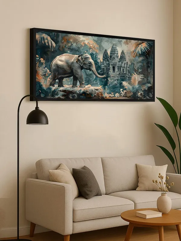 Sunset_Seascape_Canvas_Wall_Art,_Large_Modern_Oil_Painting,_Blue_and_Orange_Mountain_Lake_Scene_with_Boat,_Black_Frame