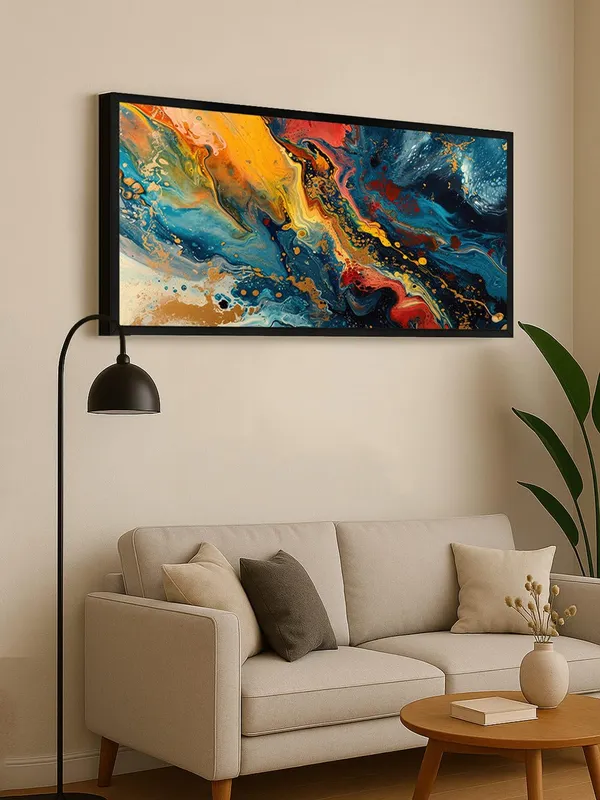 Abstract_Wall_Art_Canvas_Print,_Modern_Fluid_Art_Painting,_Blue_Orange_Yellow_Design,_Black_Frame,_Living_Room_Decor