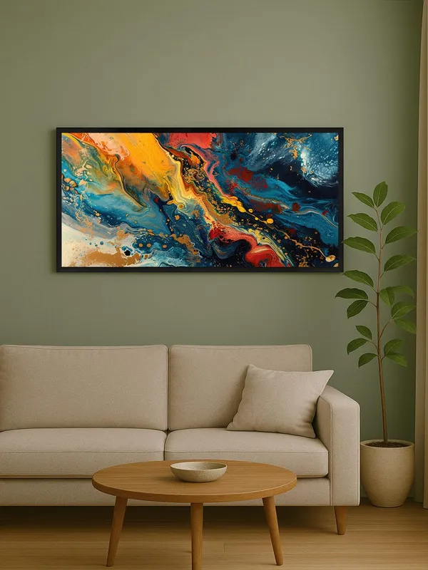 Abstract_Wall_Art_Canvas_Print,_Modern_Fluid_Art_Painting,_Blue_Orange_Yellow_Design,_Black_Frame,_Living_Room_Decor
