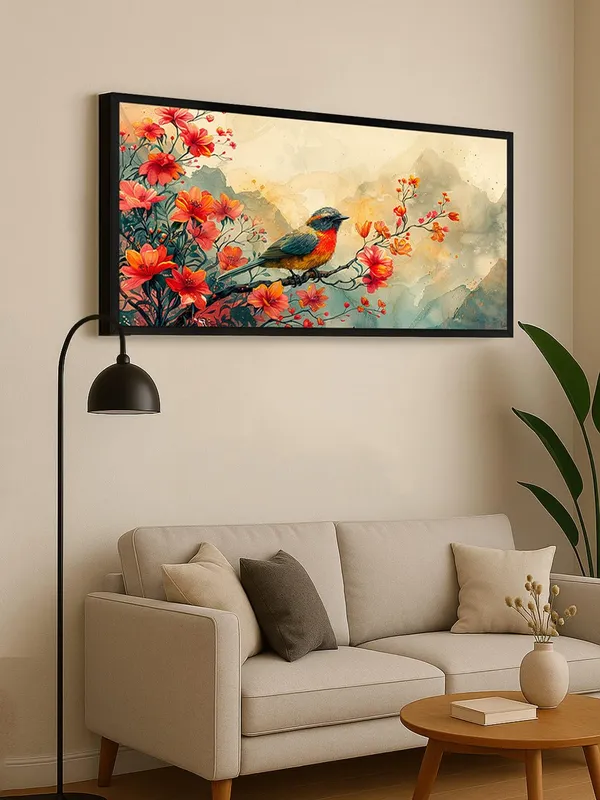 Watercolor_Bird_and_Floral_Wall_Art_Canvas,_Large_Living_Room_Decor,_Black_Frame