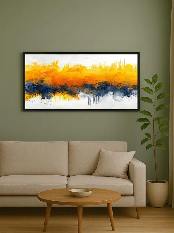 Abstract_Fluid_Art_Canvas_Print,_Yellow_and_Navy,_120_x_60_cm,_Black_Frame,_Modern_Wall_Art