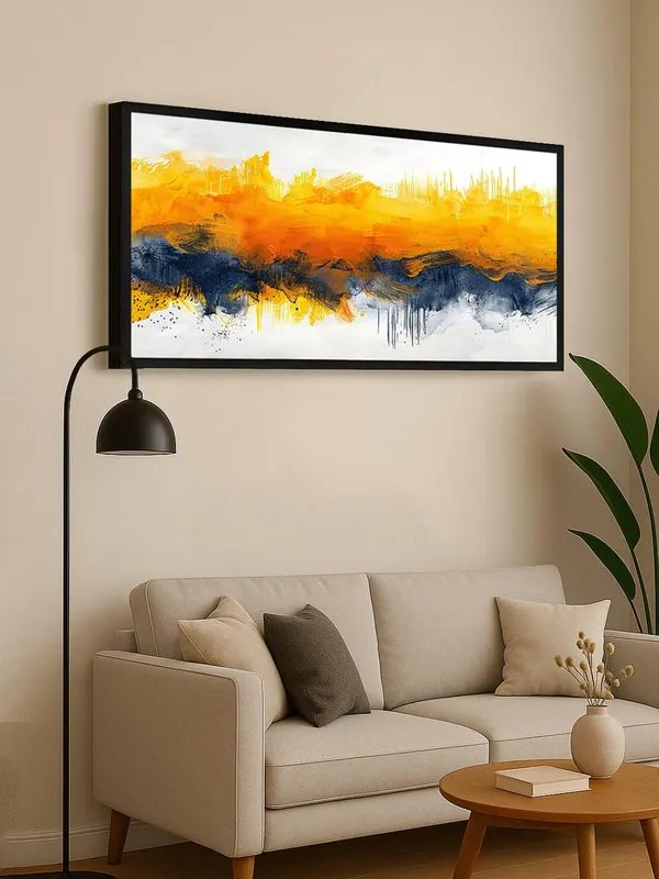 Abstract_Fluid_Art_Canvas_Print,_Yellow_and_Navy,_120_x_60_cm,_Black_Frame,_Modern_Wall_Art