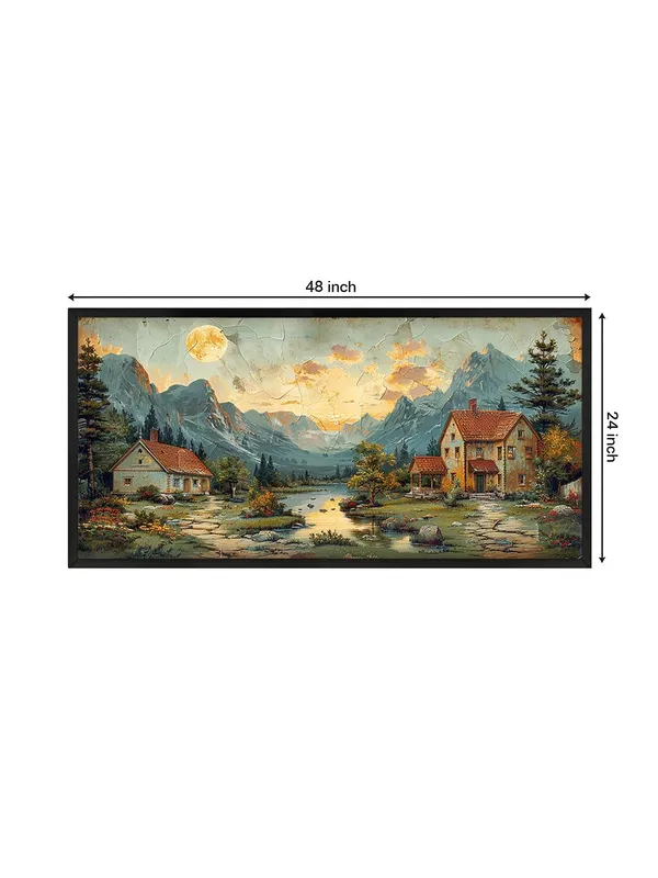 Mountain_Landscape_Canvas_Wall_Art,_Black_Frame,_120_x_60_cm,_Sunset_Scene_with_Cottages,_Living_Room_Décor