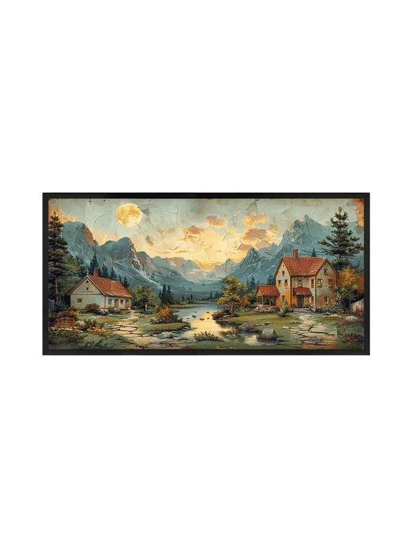 Mountain_Landscape_Canvas_Wall_Art,_Black_Frame,_120_x_60_cm,_Sunset_Scene_with_Cottages,_Living_Room_Décor