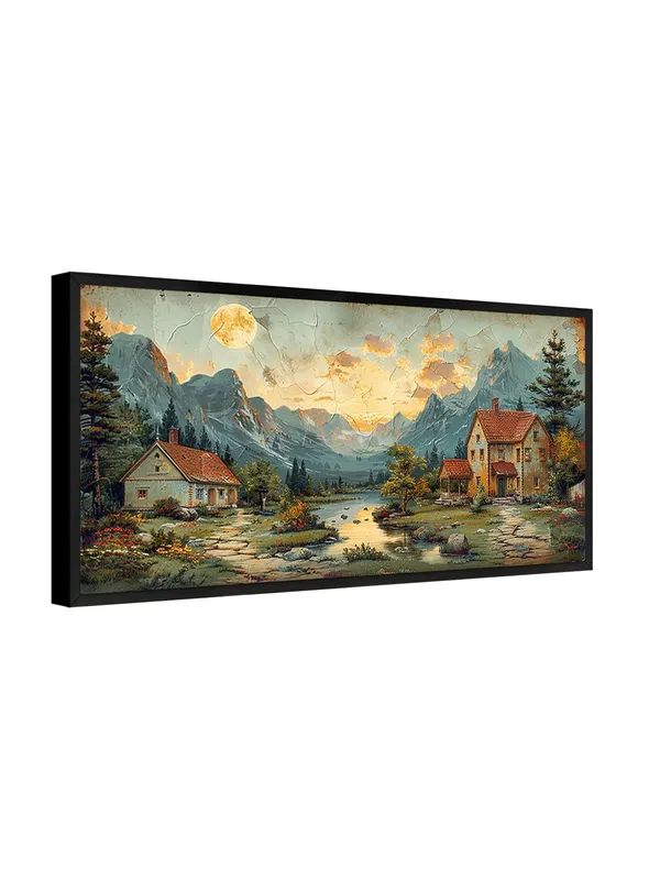 Mountain_Landscape_Canvas_Wall_Art,_Black_Frame,_120_x_60_cm,_Sunset_Scene_with_Cottages,_Living_Room_Décor