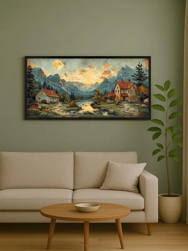 Mountain_Landscape_Canvas_Wall_Art,_Black_Frame,_120_x_60_cm,_Sunset_Scene_with_Cottages,_Living_Room_Décor