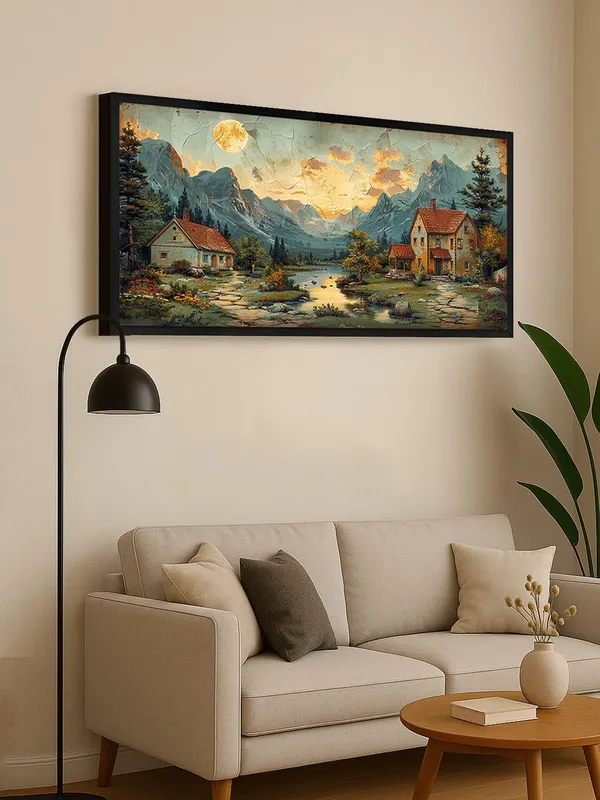 Mountain_Landscape_Canvas_Wall_Art,_Black_Frame,_120_x_60_cm,_Sunset_Scene_with_Cottages,_Living_Room_Décor
