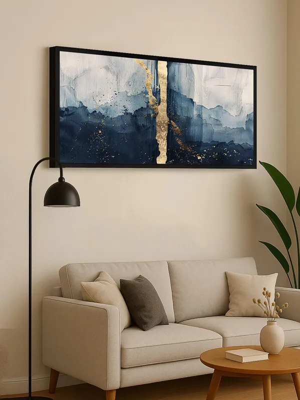 Abstract_Blue_and_Gold_Canvas_Wall_Art,_120_x_60_cm,_Modern_Watercolour_Print_with_Black_Frame,_Living_Room_Decor