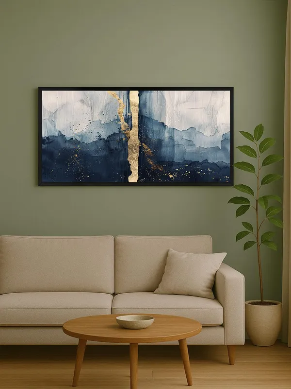 Abstract_Blue_and_Gold_Canvas_Wall_Art,_120_x_60_cm,_Modern_Watercolour_Print_with_Black_Frame,_Living_Room_Decor