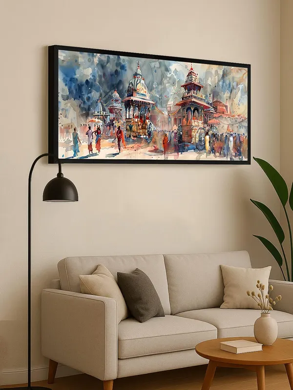 Watercolor_Temple_Art_Framed_Wall_Painting,_Traditional_Architecture_Scene,_Black_Frame