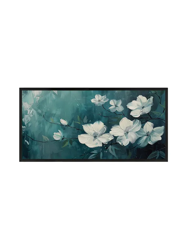 Modern_White_Floral_Canvas_Wall_Art,_Teal_Background,_Living_Room_Decor_with_Black_Frame