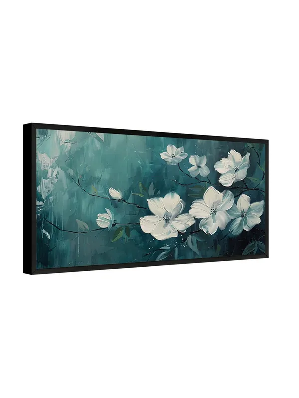 Modern_White_Floral_Canvas_Wall_Art,_Teal_Background,_Living_Room_Decor_with_Black_Frame