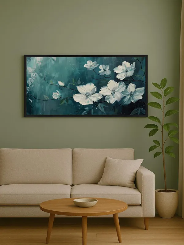 Modern_White_Floral_Canvas_Wall_Art,_Teal_Background,_Living_Room_Decor_with_Black_Frame