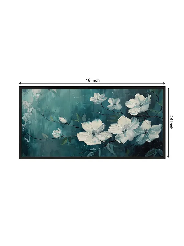 Modern_White_Floral_Canvas_Wall_Art,_Teal_Background,_Living_Room_Decor_with_Black_Frame