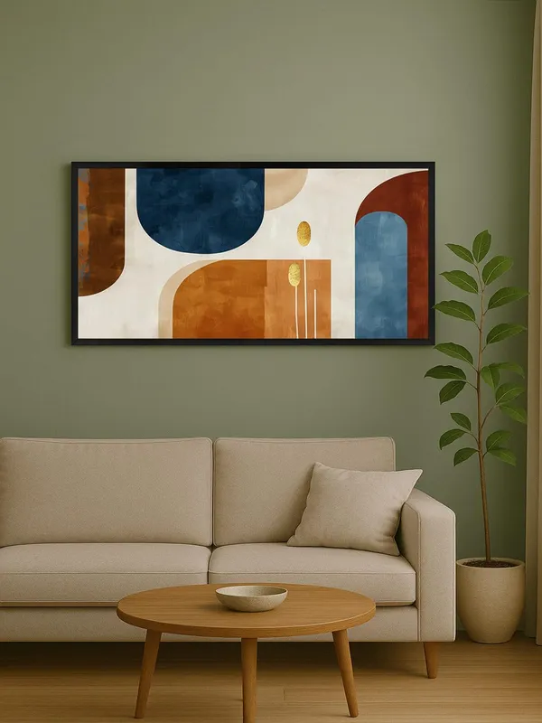 Abstract_Wave_Canvas_Wall_Art,_120_x_60_cm,_Navy_Blue_and_Orange_with_Gold_Lines,_Black_Frame