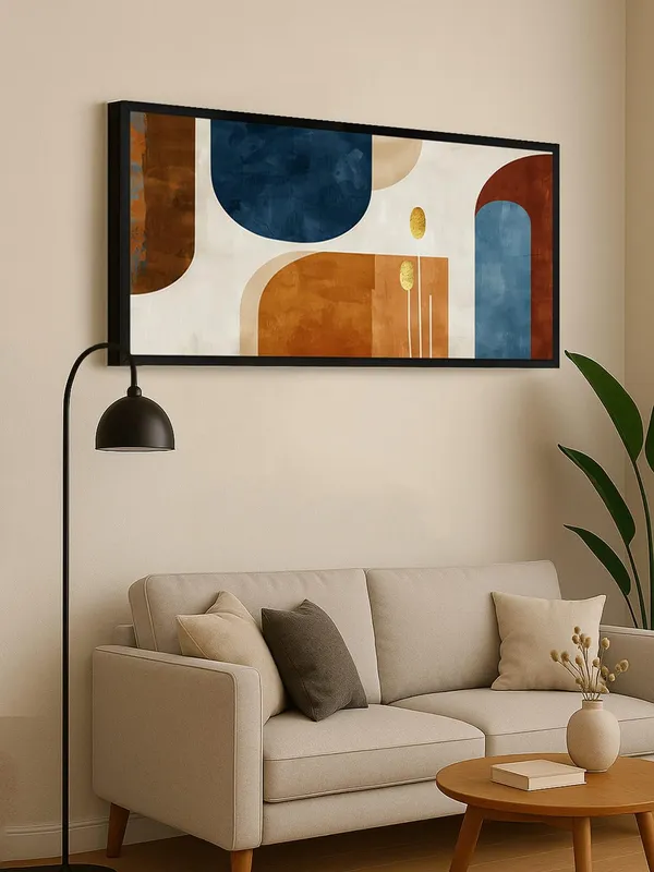 Abstract_Wave_Canvas_Wall_Art,_120_x_60_cm,_Navy_Blue_and_Orange_with_Gold_Lines,_Black_Frame