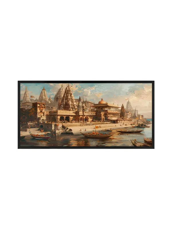 Varanasi_Ghats_Cityscape_Canvas_Wall_Art,_Traditional_Indian_Temple_Architecture_Print_with_Boats,_Black_Frame