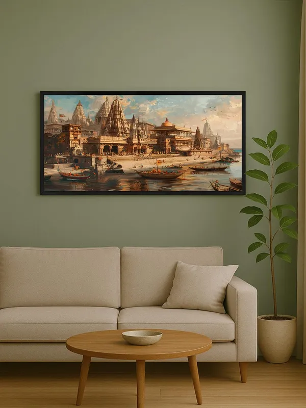 Varanasi_Ghats_Cityscape_Canvas_Wall_Art,_Traditional_Indian_Temple_Architecture_Print_with_Boats,_Black_Frame