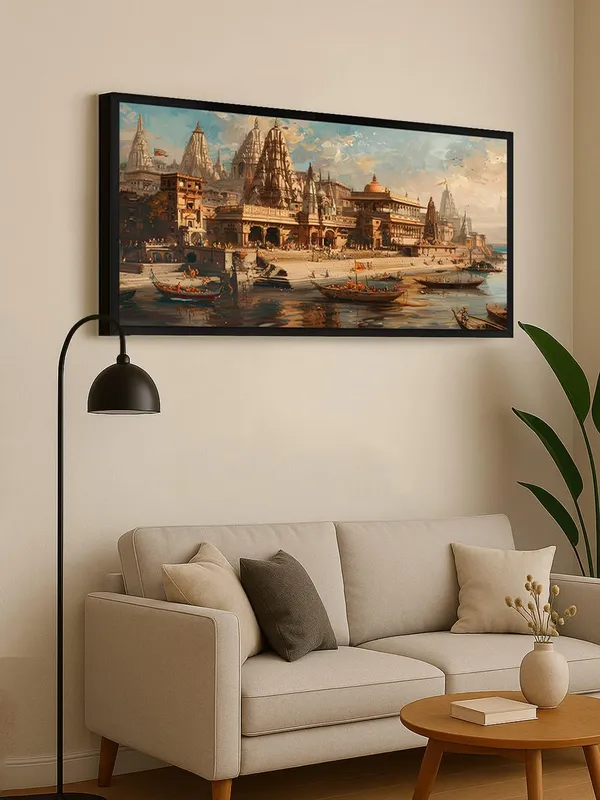 Varanasi_Ghats_Cityscape_Canvas_Wall_Art,_Traditional_Indian_Temple_Architecture_Print_with_Boats,_Black_Frame