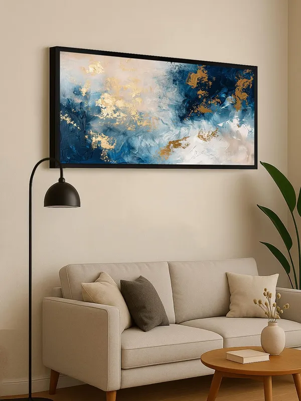 Modern_Abstract_Canvas_Wall_Art,_Blue_and_Gold_Cloud_Design_with_Black_Frame