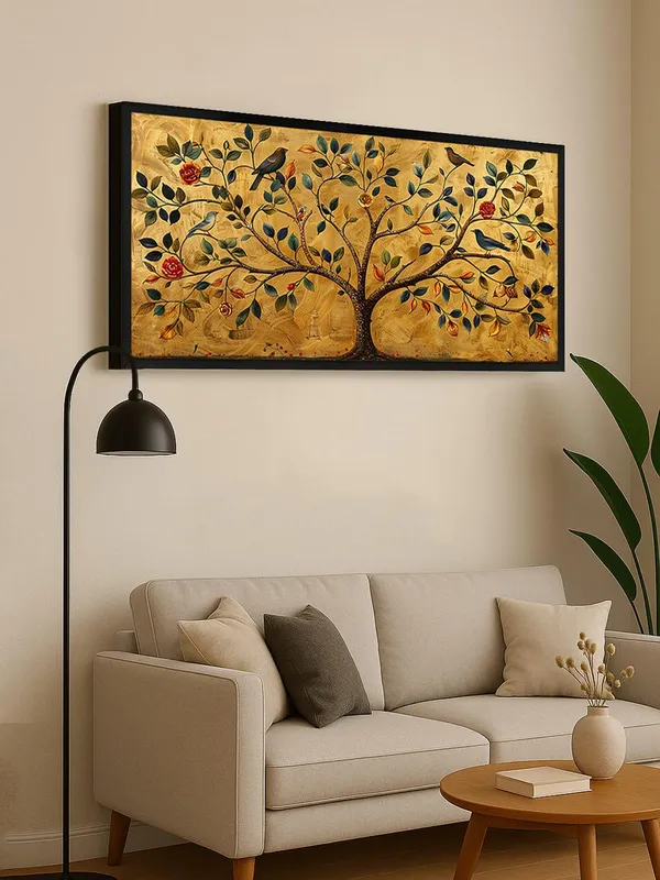 Tree_of_Life_Canvas_Wall_Art,_120_x_60_cm,_Black_Frame,_Golden_Background,_Birds_and_Flowers_Design,_Horizontal_Orientation