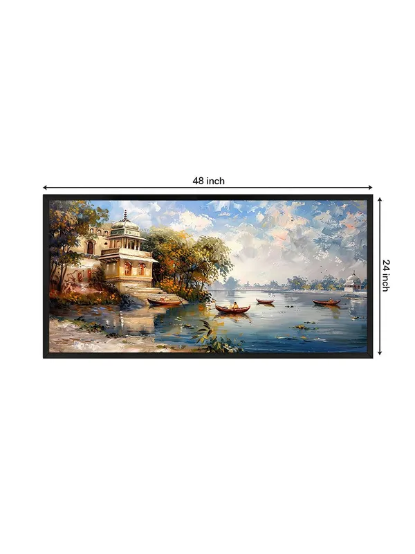 Lakeside_Temple_Landscape_Canvas_Wall_Art,_Framed_Oil_Painting_Print,_Blue_and_Gold_Scenery