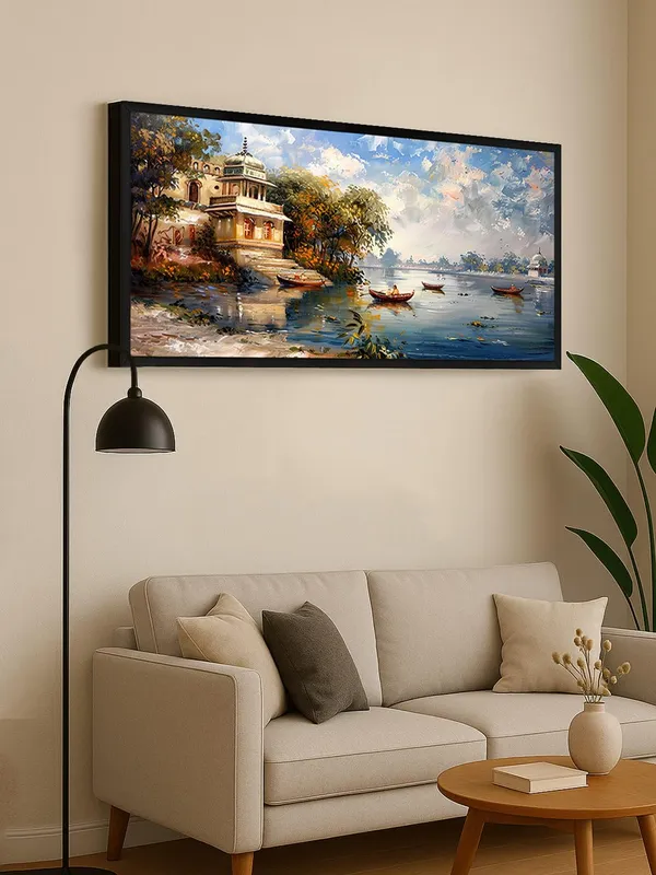 Lakeside_Temple_Landscape_Canvas_Wall_Art,_Framed_Oil_Painting_Print,_Blue_and_Gold_Scenery
