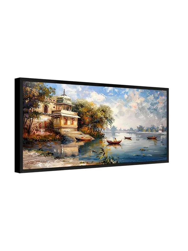 Lakeside_Temple_Landscape_Canvas_Wall_Art,_Framed_Oil_Painting_Print,_Blue_and_Gold_Scenery