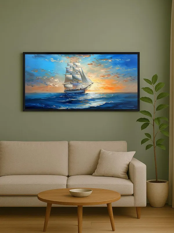 Sailing_Ship_Ocean_Sunset_Canvas_Wall_Art,_Large_Framed_Seascape_Painting,_Living_Room_Decor