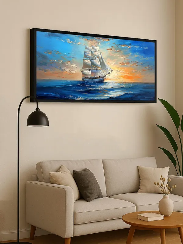Sailing_Ship_Ocean_Sunset_Canvas_Wall_Art,_Large_Framed_Seascape_Painting,_Living_Room_Decor