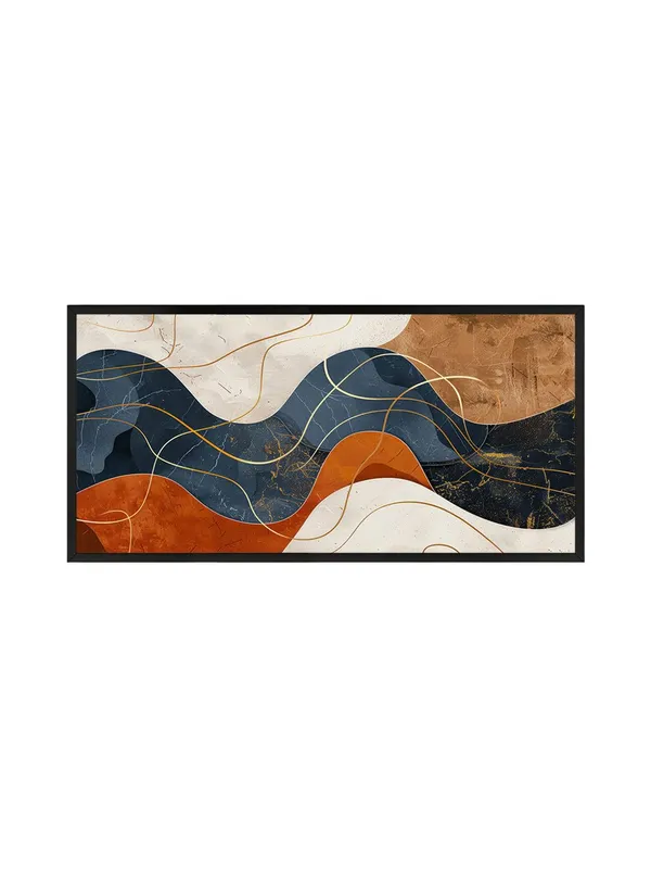 Abstract_Wave_Canvas_Wall_Art,_120_x_60_cm,_Navy_Blue_and_Orange_with_Gold_Lines,_Black_Frame,_Modern_Contemporary_Design