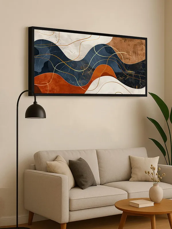 Abstract_Wave_Canvas_Wall_Art,_120_x_60_cm,_Navy_Blue_and_Orange_with_Gold_Lines,_Black_Frame,_Modern_Contemporary_Design
